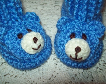 Hand Crochet Baby Boy Infant TEDDY BEAR Blue Booties Slippers Socks Shoes Sweet