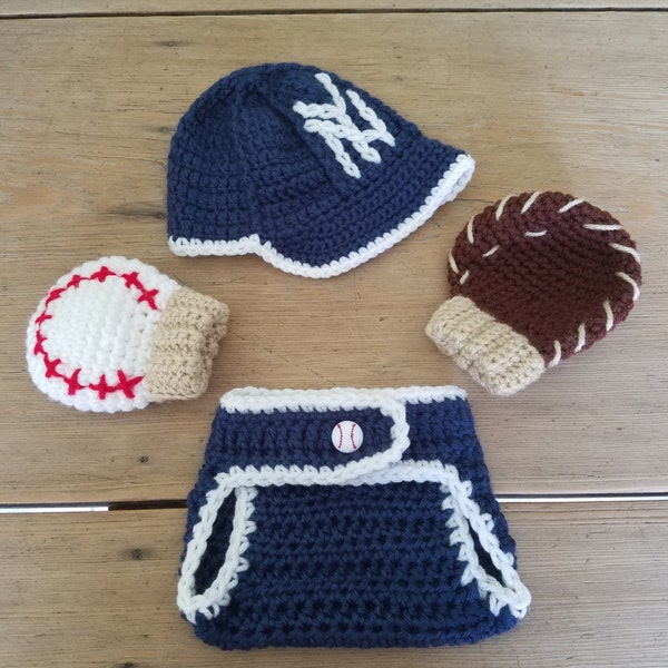 NY Yankees Baseball Hat w Brim, Diaper Cover, Baseball and Glove Mittens Mitts 4-Piece Set  Photo Prop Crochet Personalize with Initials