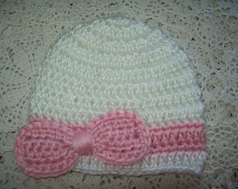 Hand Crochet White & Pink BOW HAT BEANIE  Infant Baby Toddler Girl