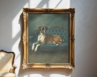May include: A framed portrait of a Boxer dog resting on a teal blue sofa. The dog has a brown and white coat and is positioned in a relaxed pose. The ornate gold frame adds a classic touch to the artwork, which is hanging on a white wall.