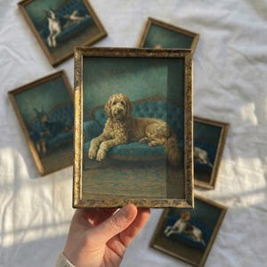 Puede incluir: Una impresión vintage enmarcada de un perro golden doodle descansando en un sofá azul. La impresión tiene un marco dorado y está sostenida por una mano. Varias otras impresiones de perros enmarcadas están en el fondo.