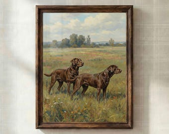 Chocolate Labrador Paar Vintage Kunst Druck Digitaler Download, Land Landschaft Hund Wandkunst, pastorale Malerei im antiken Stil, druckbare Hund Portr