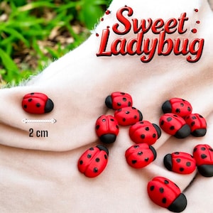 Può includere: Abbellimenti a forma di coccinella rossa con pois neri e teste nere sono sparsi su un tessuto chiaro. Il testo "Sweet Ladybug" è in corsivo rosso. Una coccinella misura 2 cm.