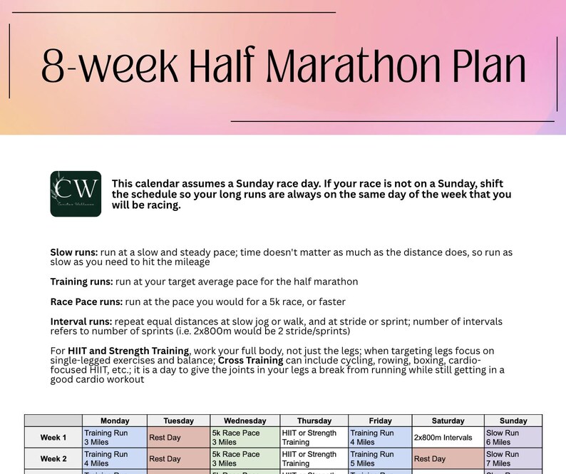 8-week Half Marathon Training Plan - Etsy