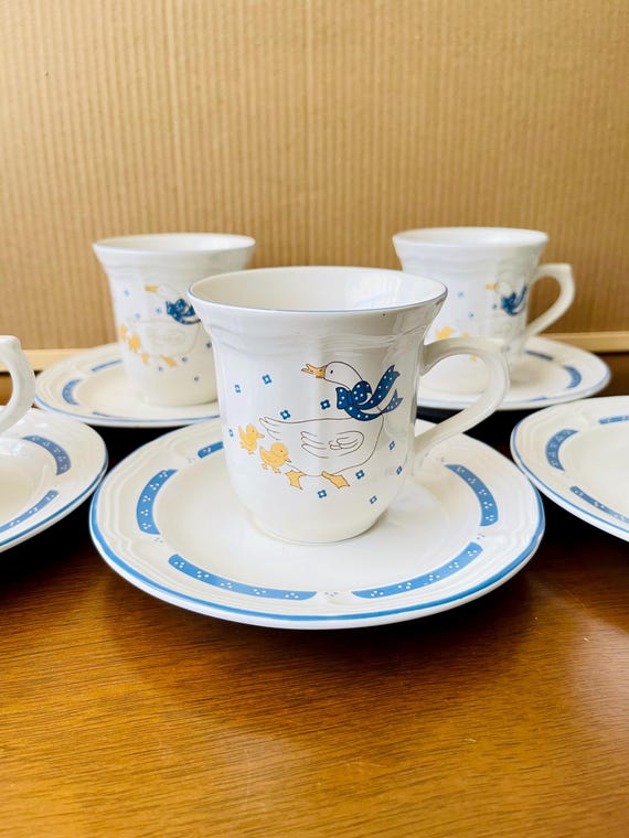 Vintage Set of 5 Homestyle Country Goose Stoneware China | Blue White Duck Design Cups & Saucers | Farmhouse Kitchen Décor