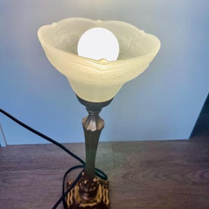 Pu&ograve; includere: Una lampada da tavolo in stile antico con un paralume in vetro smerigliato e una base decorativa. Il paralume presenta un motivo floreale e circonda una lampadina luminosa. La base &egrave; ornata con una finitura bronzo. La lampada &egrave; collegata con un cavo nero.