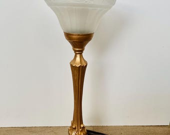 Vintage Brass Table Lamp with Frosted Glass Shade – Art Deco Style Accent Lamp, 17.25" Tall, Ornate Gold Base - Heavy Brass Lamp