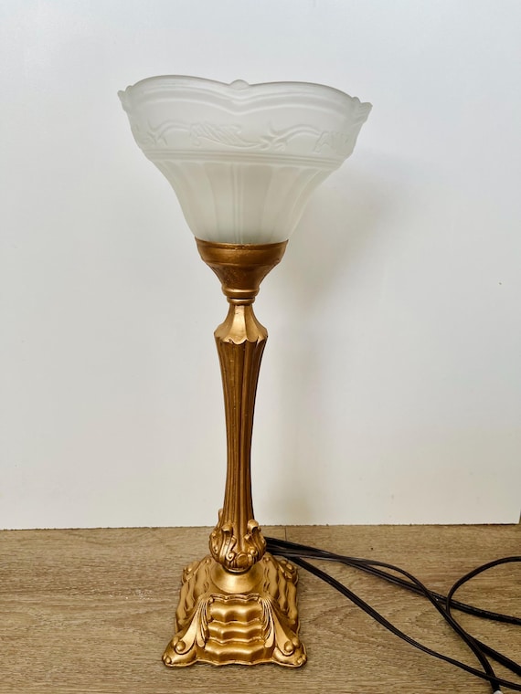 Vintage Brass Table Lamp with Frosted Glass Shade – Art Deco Style Accent Lamp, 17.25" Tall, Ornate Gold Base - Heavy Brass Lamp