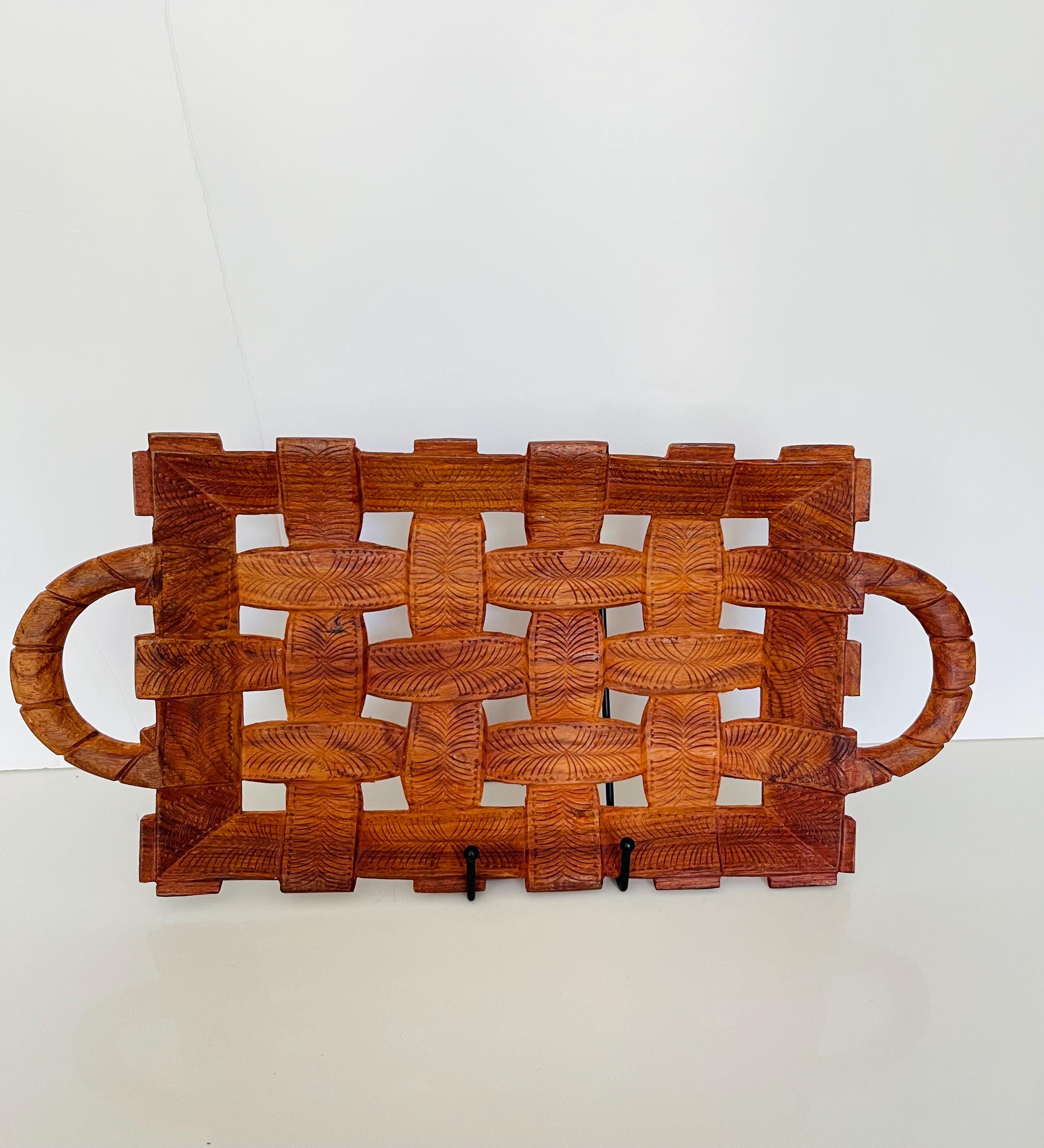 Vintage Hand-Carved Wooden Serving Tray | Italian Decorative Tray with Woven Design | Rustic Home Décor | Made in Italy