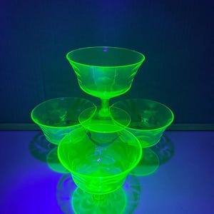 Vintage Uranium Glass Sherbet Cup Set – Optic Wave Pattern – 4 Glow Glasses + 5 Saucers (SEE DESCRIPTION BELOW)