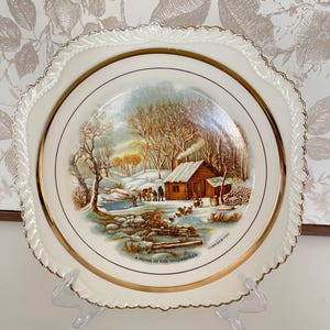 Vintage Currier & Ives Decorative Plate – &quot;A Home in the Wilderness&quot; – Winter Cabin Scene – Collectible Wall Art
