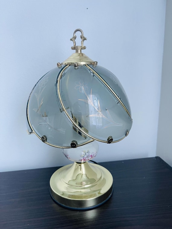 Vintage 80s Frosted Floral Etched Glass Table Lamp | 13