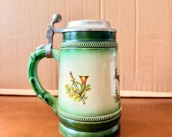 Vintage German Hunting Beer Stein with Pewter Lid | West Germany Ceramic Tankard | Deer Hunter Stein | Rustic Barware Mug