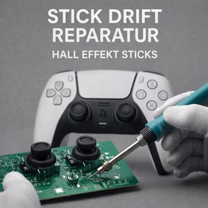 Könnte beinhalten: Ein weiß-schwarzer Gamecontroller mit dem Text "STICK DRIFT REPARATUR HALL EFFEKT STICKS" im Hintergrund. Eine Platine mit schwarzen Joysticks befindet sich im Vordergrund und wird mit einem Lötkolben bearbeitet.