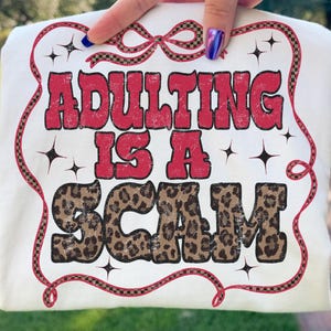 Adulting Is a Scam PNG, Adult Humor PNG, Trendy Checkered Western PNG,  Trendy Designs png, Mental Health Humor Png, Leopard Print Png