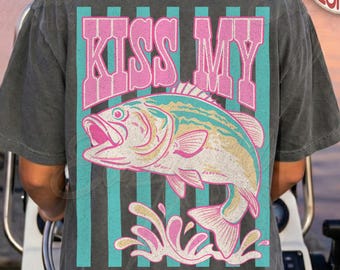 Trendy Retro Western Striped Summer Kiss My Bass PNG, Bright Summer Vibes PNG, Colorful Fish Graphic, Summer Shirt Design, Preppy Fish Png