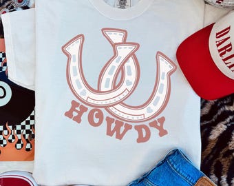 Cowgirl Howdy Horseshoe PNG, Design graphique western rose (téléchargement numérique)