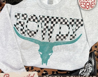 Howdy Bull Skull PNG, Retro Western Checkered PNG, Country Cowgirl Sublimation, Rodeo Shirt Design, Southern Style PNG, Western Shirt Design