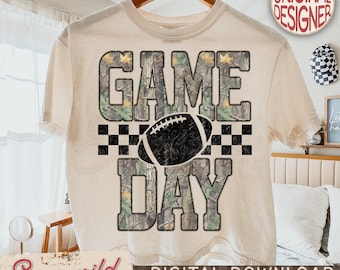 Camo Checkered Game Day PNG, Trendy Camouflage Football PNG, Fall Season Sports Sublimation Design, Distressed Sports Mom Shirt Png