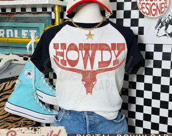 Howdy Bull Skull PNG, diseño retro western desgastado (descarga digital)