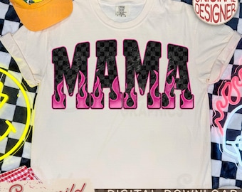 Edgy Checkered Mama Shirt Design, Flame Mom Life PNG, Rocker Mama Graphic, Retro Checkerboard Letters Design, Trendy Mom Shirt Graphic