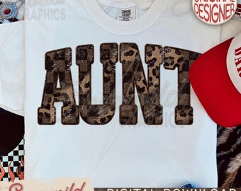 Trendy Retro Western Aunt PNG Design Leopard Checkered Distressed Letters (Digital Download)