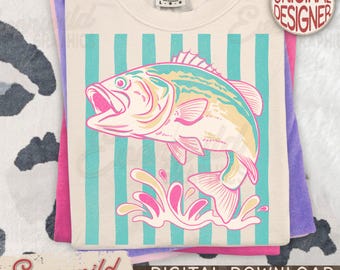 PNG de peixe robalo retrô preppy, estampa vibrante de pesca no estilo faroeste, PNG de camiseta de pesca moderna para o verão, estampa listrada em alta, PNG de férias de verão