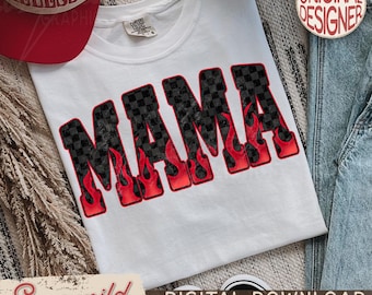 Edgy Checkered Mama Shirt Design, Flame Mom Life PNG, Rocker Mama Graphic, Retro Checkerboard Letters Design, Trendy Mom Shirt Graphic