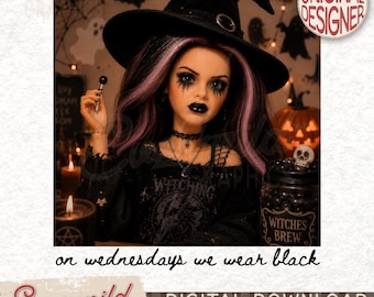 Trendy Funny Doll Face Halloween PNG, On Wednesdays We Wear Black Shirt Design, Halloween Humor Sublimation, Spooky Season Digital Design