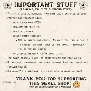 Important product information card with vintage-style design. Details digital download terms including perfect uses for print-on-demand, sublimation printing, small business merchandise, and Cricut print then cut projects. Specifies PNG format only, no commercial resale rights, and no refunds policy. Includes thank you message for supporting small business.