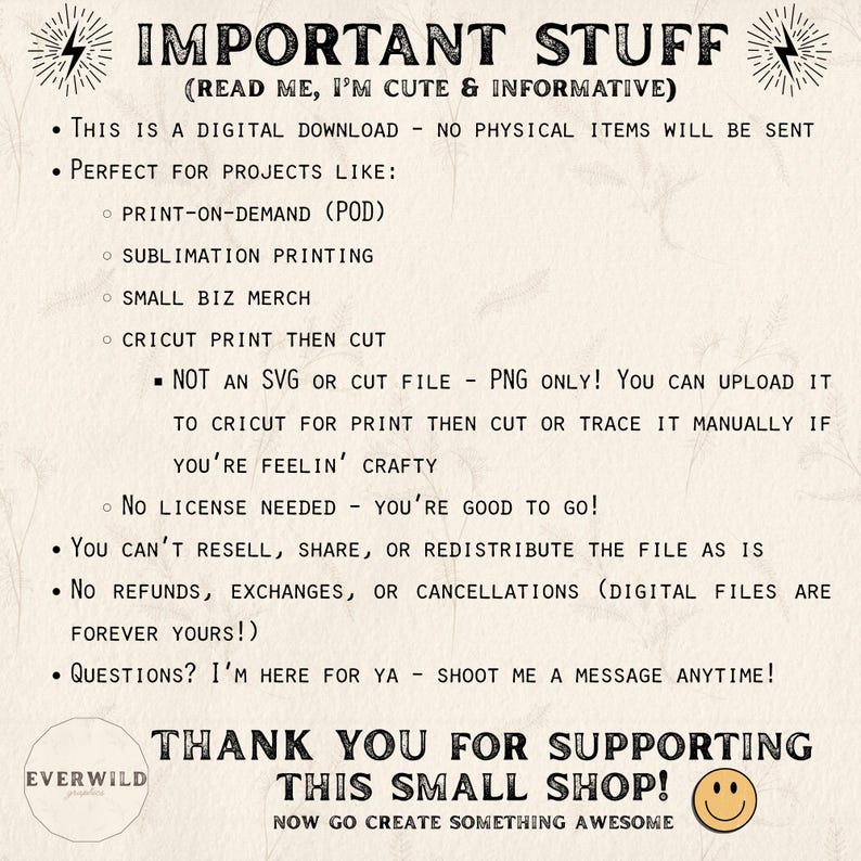 Important product information card with vintage-style design. Details digital download terms including perfect uses for print-on-demand, sublimation printing, small business merchandise, and Cricut print then cut projects. Specifies PNG format only, no commercial resale rights, and no refunds policy. Includes thank you message for supporting small business.