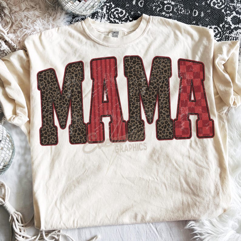 Retro Mama PNG, Trendy Striped Mom Shirt Graphic, Preppy Motherhood PNG, Cute Retro Mom Shirt Design, Leopard Checker Letters Sublimation image 7
