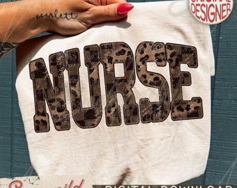 Trendy Retro Western Nurse PNG Design Leopard Checkered Distressed Letters (Digital Download)