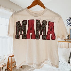 Retro Mama PNG, Trendy Striped Mom Shirt Graphic, Preppy Motherhood PNG, Cute Retro Mom Shirt Design, Leopard Checker Letters Sublimation image 3