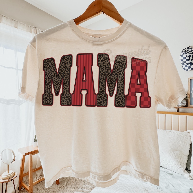 Retro Mama PNG, Trendy Striped Mom Shirt Graphic, Preppy Motherhood PNG, Cute Retro Mom Shirt Design, Leopard Checker Letters Sublimation image 3