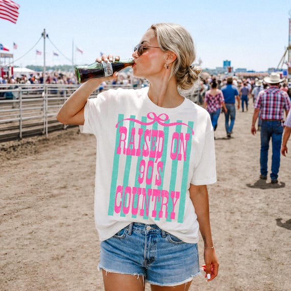 Raised on 90s Country Striped PNG, Trendy Retro Western Country Girl Distressed Summer Design, Summer Vacation Shirt Designs