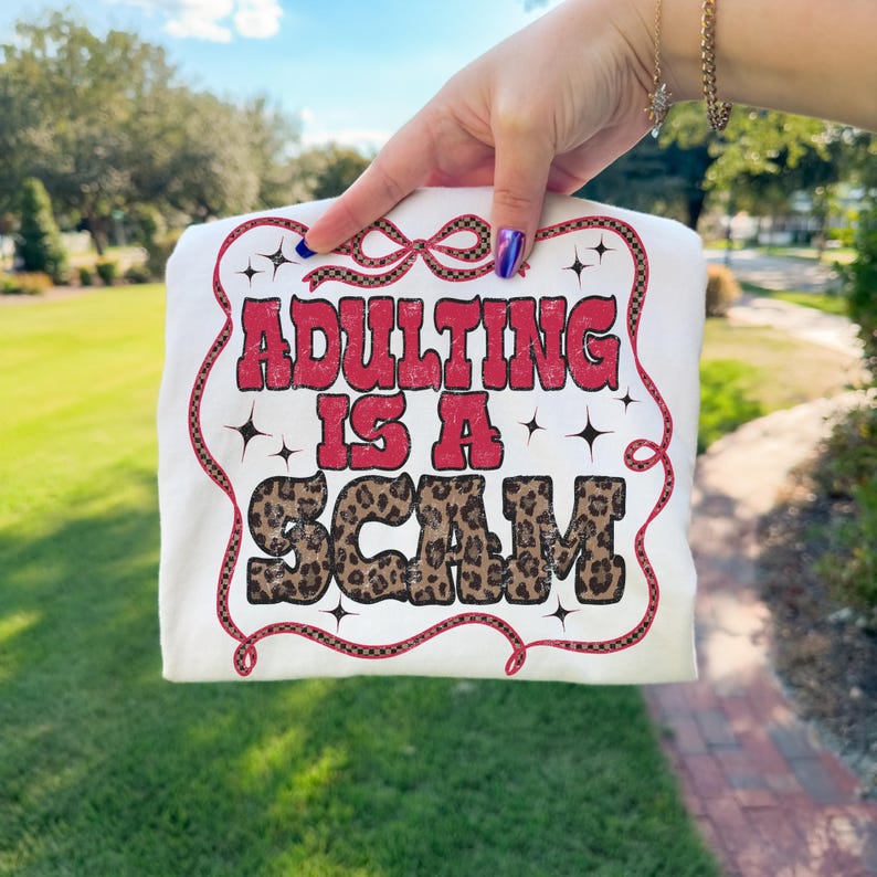 Adulting Is a Scam PNG, Adult Humor PNG, Trendy Checkered Western PNG,  Trendy Designs png, Mental Health Humor Png, Leopard Print Png