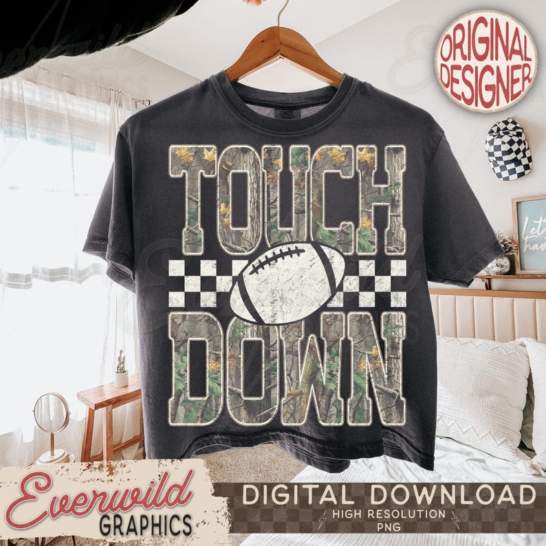 Camo Checkered Football Touchdown PNG, Trendy Game Day Football PNG, Fall Season Sports Sublimation Design, Distressed Sports Mom Shirt Png