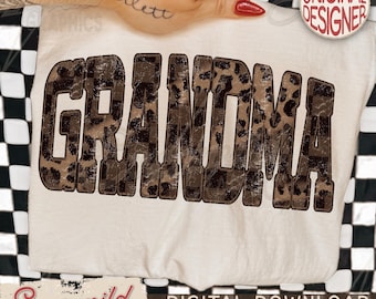 Trendy Retro Western Grandma PNG Design Leopard Checkered Distressed Letters (Digital Download)