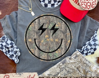 Trendy Western Camo Smiley Face PNG, Happy Face Retro Camo Distressed, Camouflage Sublimation Design, Western Concert PNG, Southern Png