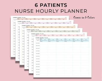 Może przedstawiać: Stos sześciu arkuszy planera godzinowego dla pielęgniarek w różnych pastelowych kolorach. U góry widnieje napis "6 PATIENTS NURSE HOURLY PLANNER" i "Comes in 6 Colors". Każdy arkusz ma układ siatki dla informacji o pacjencie.