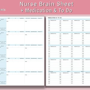 Könnte beinhalten: Ein rosa-weißes, druckbares Krankenpflege-Brainsheet mit Abschnitten für 5 Patienten, Medikamente und To-Do-Listen. Der Titel lautet "Nurse Brain Sheet + Medication & To Do". Die linke Seite enthält Patienteninformationen, die rechte Seite Medikamente und To-Do-Abschnitte.