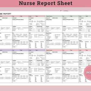 Könnte beinhalten: Ein rosa und weißes Krankenberichtsbogen mit Abschnitten für Patienteninformationen, einschließlich Allergien und Krankengeschichte. Das Blatt enthält Felder zur Aufzeichnung von Vitalzeichen und anderen klinischen Daten. Der Titel lautet "Nurse Report Sheet".