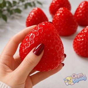 Könnte beinhalten: Ein leuchtend rotes, strukturiertes erdbeerförmiges Squishy-Spielzeug mit glänzender Oberfläche. Die Außenseite weist kleine, eingedrückte kreisförmige Muster auf, die Samen imitieren. Mehrere identische Erdbeer-Squishies sind im Hintergrund angeordnet.