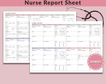 May include: Two white Nurse Report Sheets with pink, purple, and green accents. The sheets have sections for patient information, vital signs, and medical history. A stethoscope is in the background. The text "Nurse Report Sheet" is at the top.