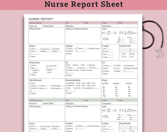 Może przedstawiać: Różowy i biały arkusz raportu pielęgniarskiego z tytułem "Nurse Report Sheet". Arkusz podzielony jest na sekcje dotyczące informacji o pacjencie, parametrów życiowych i ocen medycznych. Widoczny jest stetoskop.