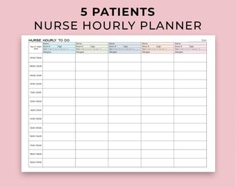 Puede incluir: Un planificador horario de enfermería blanco con el texto "5 PATIENTS NURSE HOURLY PLANNER" en la parte superior. El planificador tiene columnas para los nombres de los pacientes, los números de habitación, las edades y la información sobre alergias. Está diseñado para el seguimiento de la atención al paciente.