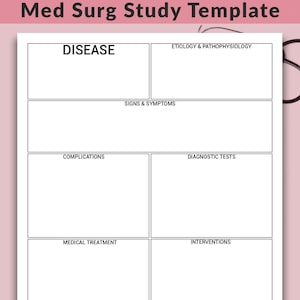 May include: A white study template with the title "Med Surg Study Template" at the top. The template is divided into sections labeled "Disease", "Etiology & Pathophysiology", "Signs & Symptoms", "Complications", "Diagnostic Tests", "Medical Treatment", and "Interventions". A stethoscope is in the background.