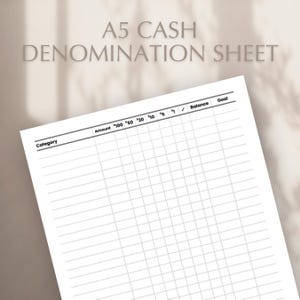 A5 Cash Denomination Sheet | Digital