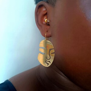 Abstract Face African Brass Earrings: Handmade Statement Jewelry